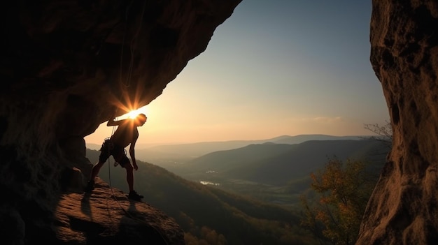 Un hombre se para en un acantilado con el sol brillando en su rostro.