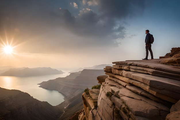 Un hombre se para en un acantilado con vista a un lago y las montañas a lo lejos.