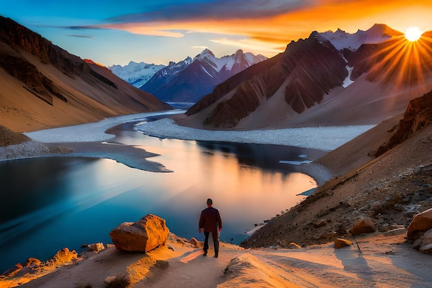 Un hombre se para en un acantilado con vista a un lago y montañas.