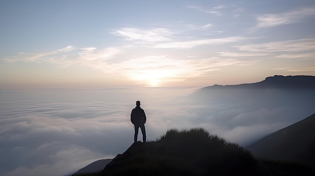 Un hombre se para en un acantilado con vistas a un cielo lleno de nubes.