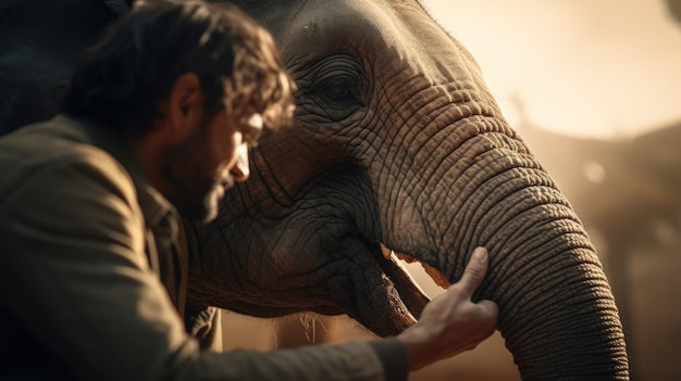 Foto un hombre acariciando a un elefante con su trompa adecuado para los amantes de la vida silvestre y los animales