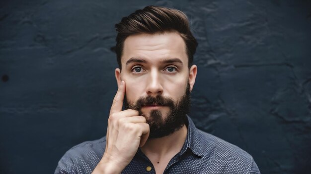 Hombre acariciando su barba thouhhtly