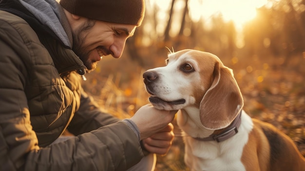 Hombre acariciando a su perro amigo perro Beagle disfrutando de la comunicación con su dueño durante el paseo al aire libre