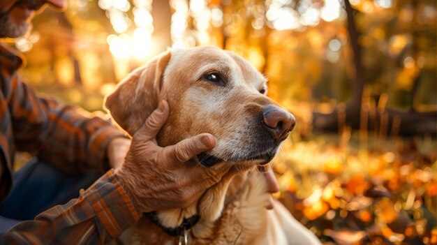 Foto hombre acariciando a su viejo perro labrador retriever leal disfrutando del otoño soleado dice con su dueño