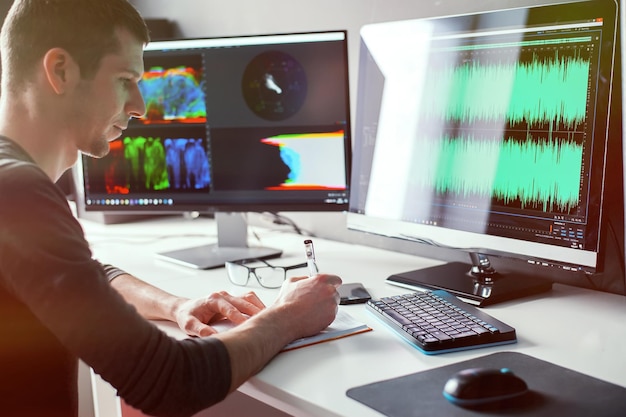 Foto hombre acertado e inteligente que trabaja en la computadora