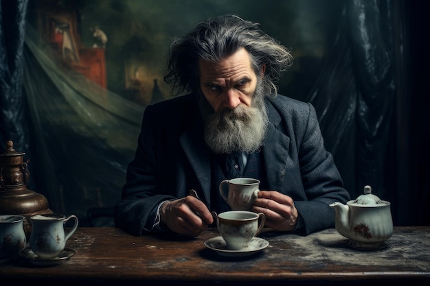 Foto hombre acogedor bebiendo té caliente en una casa de madera generar ai