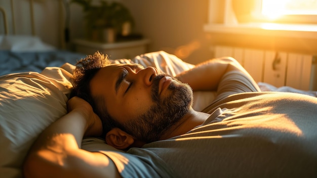 Foto un hombre acostado en la cama con