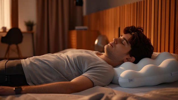 Un hombre se acuesta en una almohada para dormir y descansa en un colchón de espuma con gel.