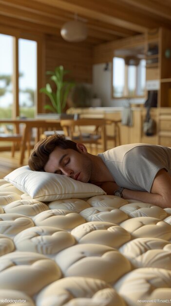 Un hombre se acuesta en una almohada para dormir y descansa en un colchón de espuma con gel.