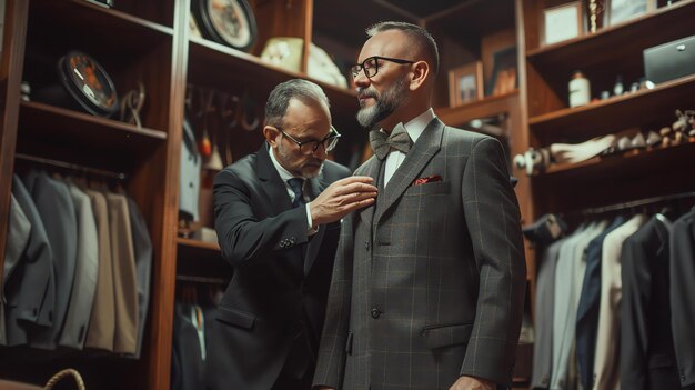 Foto un hombre se adapta a un traje en una tienda de sastre el sastre se está asegurando de que el traje encaje perfectamente