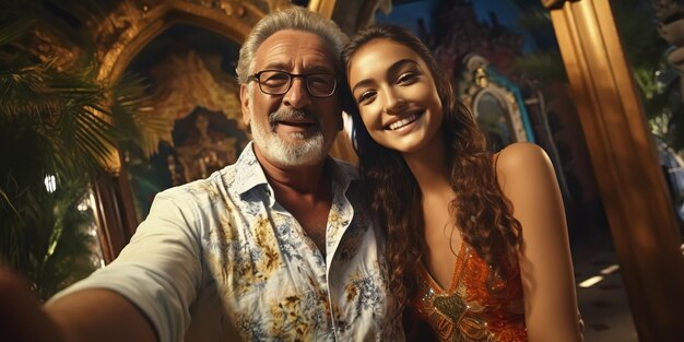 Un hombre adinerado y satisfecho se toma una foto en un opulento complejo tropical con su impresionante joven compañera Generative Ai