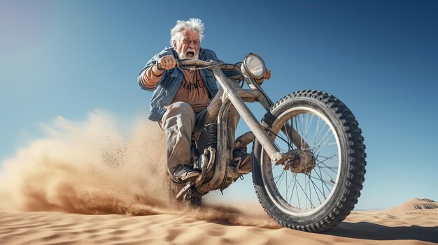 un hombre adulto un abuelo con cabello gris monta una motocicleta en la arena xAGenerative AI