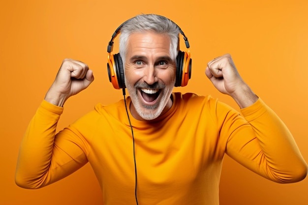 Foto un hombre adulto con auriculares escucha música generada por un