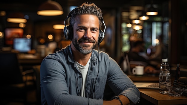 Hombre adulto con auriculares sentado en su estudio escuchando música cómodamente