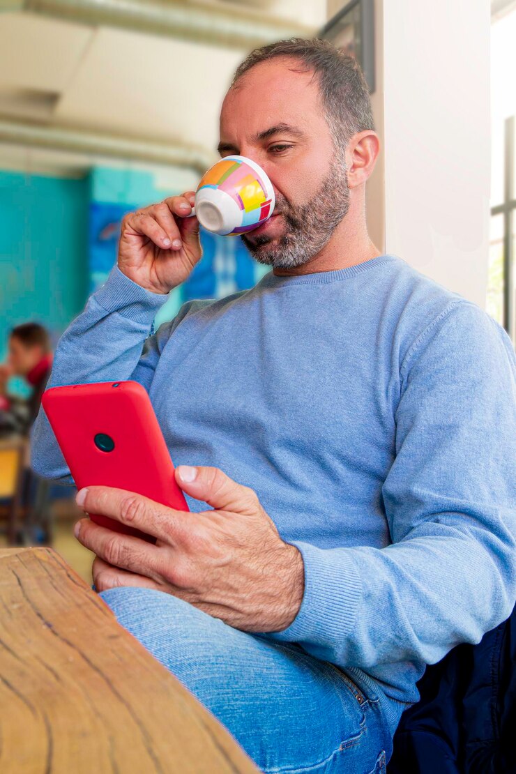 Hombre adulto con barba revisa su teléfono móvil mientras bebe de una taza de café en una cafetería moderna