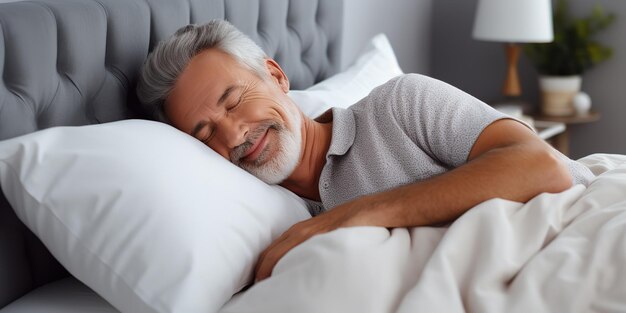 Hombre adulto feliz duerme en una cama agradable y cómoda con un lindo oso de peluche