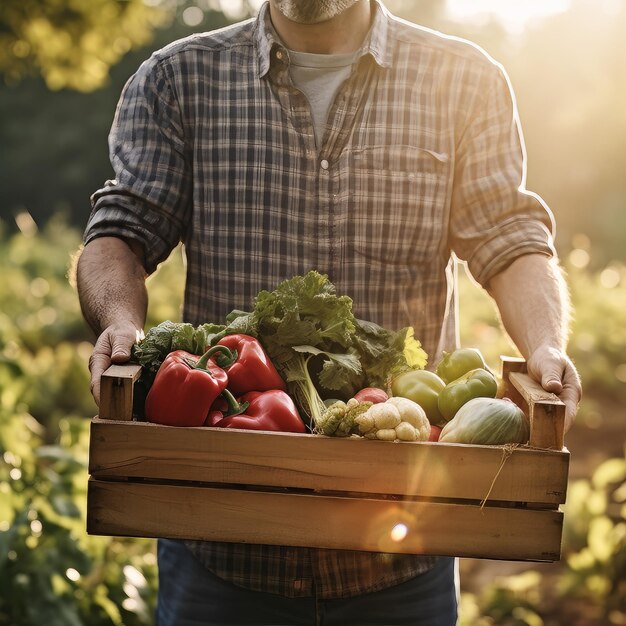 Hombre adulto granjero sosteniendo verduras frescas y sabrosas