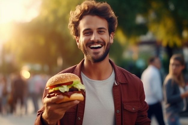 Un hombre adulto guapo sosteniendo una hamburguesa al aire libre