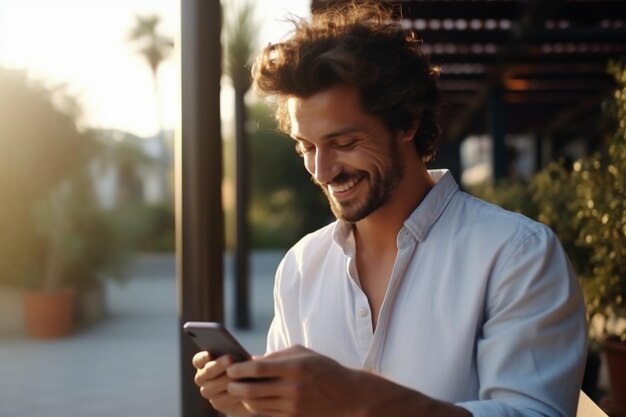 Un hombre adulto guapo usando un teléfono móvil al aire libre