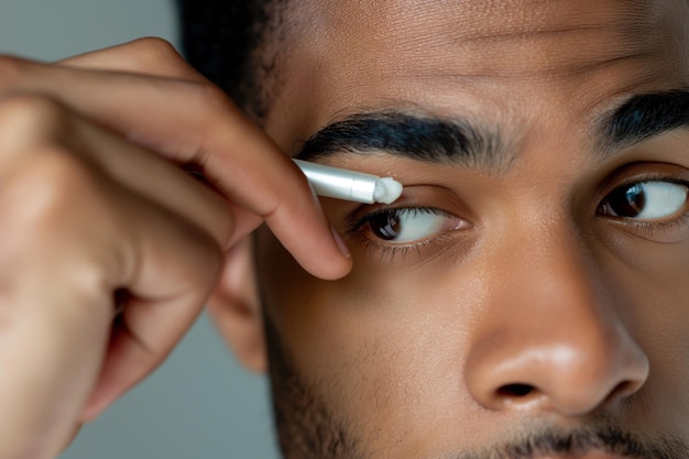 Hombre adulto joven aplicando crema debajo de los ojos para la rutina de cuidado de la piel y tratamiento facial para evitar círculos oscuros y signos de envejecimiento