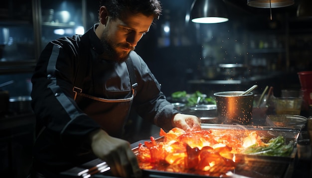 Hombre adulto joven cocinando comida en el interior de una cocina comercial generada por inteligencia artificial