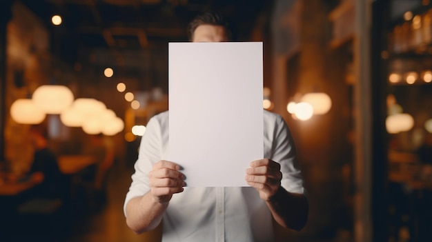 El hombre adulto muestra una hoja de papel blanca sobre un fondo borroso