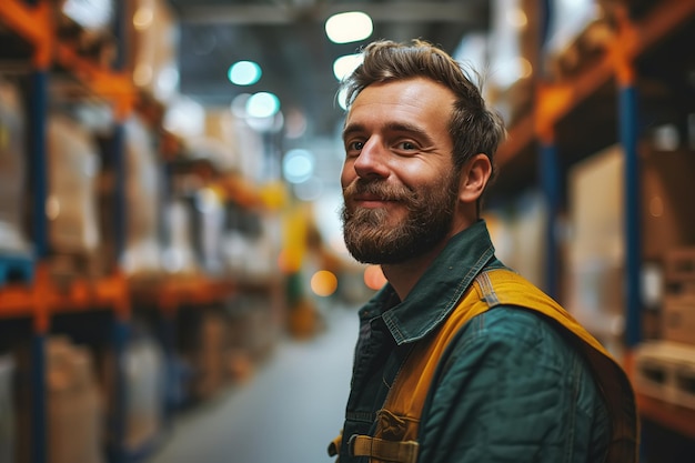 Hombre adulto positivo en uniforme trabajando en un almacén Cargador trabajador de almacén