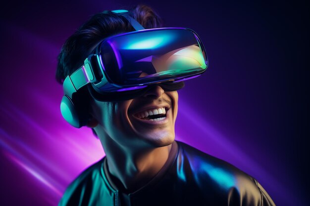 Hombre adulto que usa gafas de auriculares de realidad virtual VR para juegos y educación