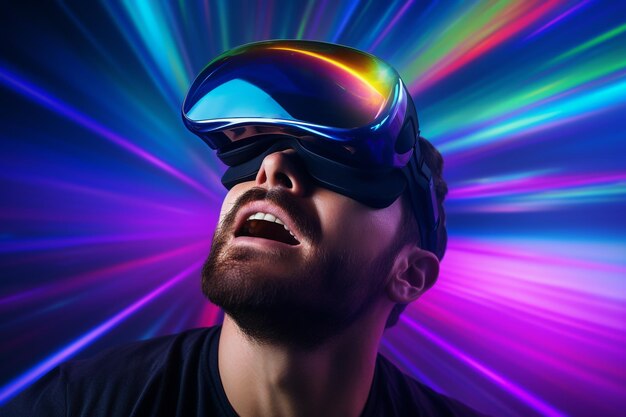 Hombre adulto que usa gafas de auriculares de realidad virtual VR para juegos y educación