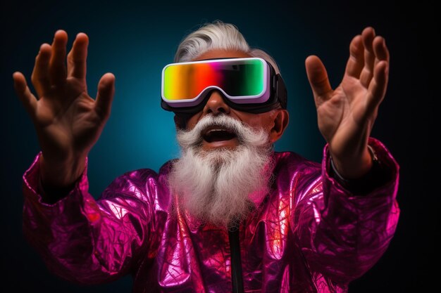Hombre adulto que usa gafas de auriculares de realidad virtual VR para juegos y entretenimiento