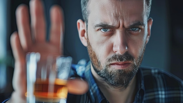 Hombre adulto rechazando un vaso de whisky con una expresión decidida