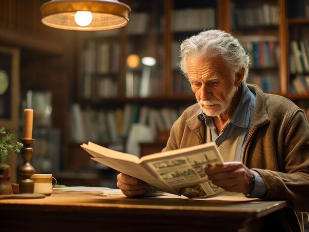 un hombre adulto sentado en la biblioteca de su casa leyendo el periódico generado ai