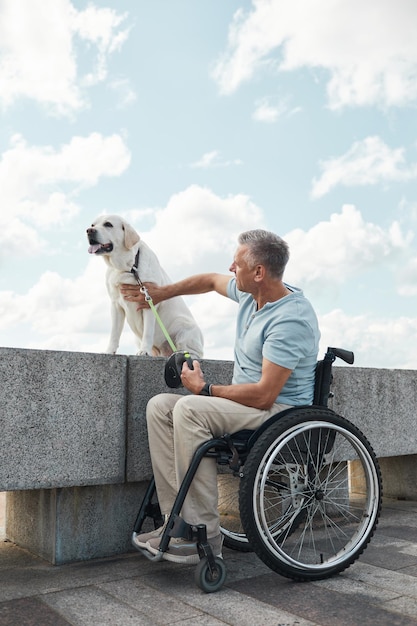 Hombre adulto en silla de ruedas paseando a un perro