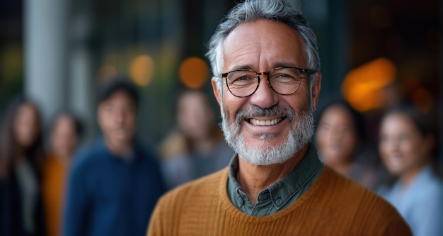 un hombre adulto sonriendo frente a un grupo de personas