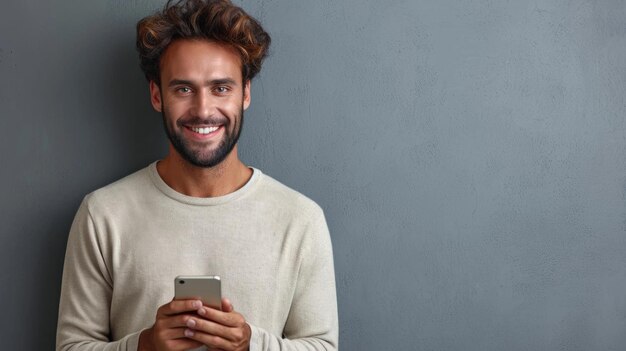 Foto hombre adulto sonriente usando el teléfono inteligente contra un fondo gris