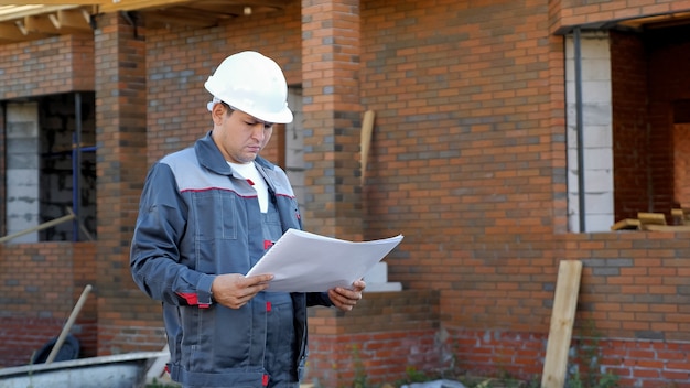 Hombre adulto vestido con casco blanco y mirando planes de papel de pie al aire libre del edificio en construcción