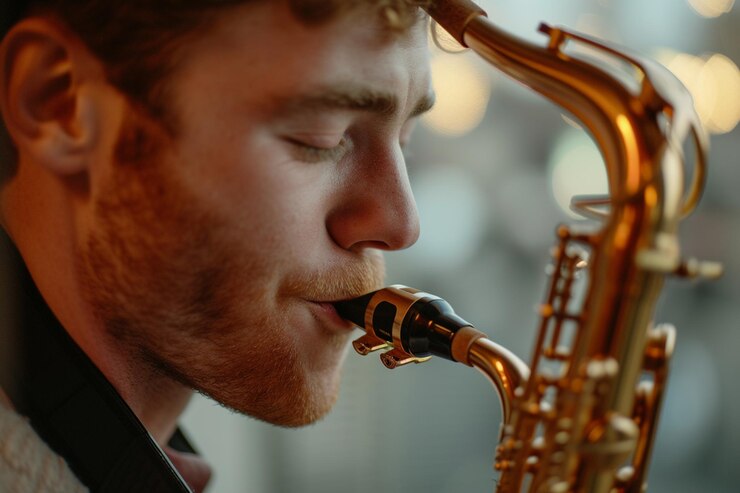 Foto hombre afeitado con cabello rojo tocando el saxofón en una habitación generativa ai
