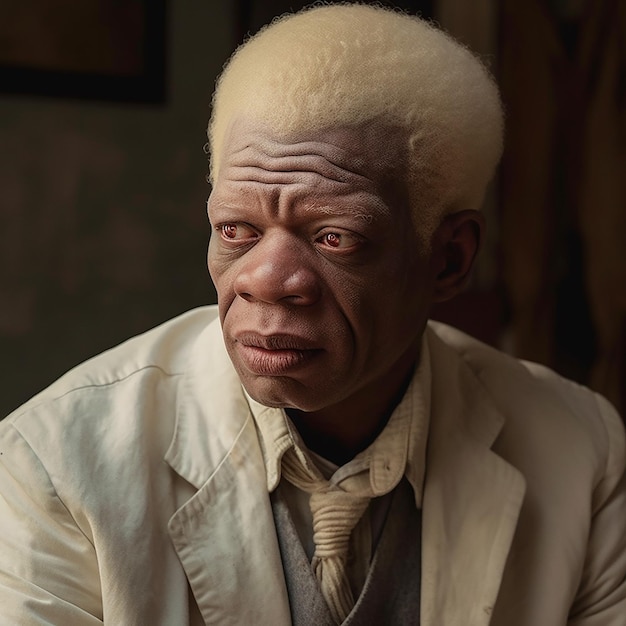 Hombre africano albino con mutación del cabello blanco apariencia inusual de primer plano