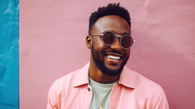 Hombre africano americano moderno sonriendo cerca retrato con gafas de sol feliz vida de ciudad de moda
