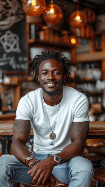 Hombre africano con camiseta blanca y vaqueros sentado en una mesa en un café moderno