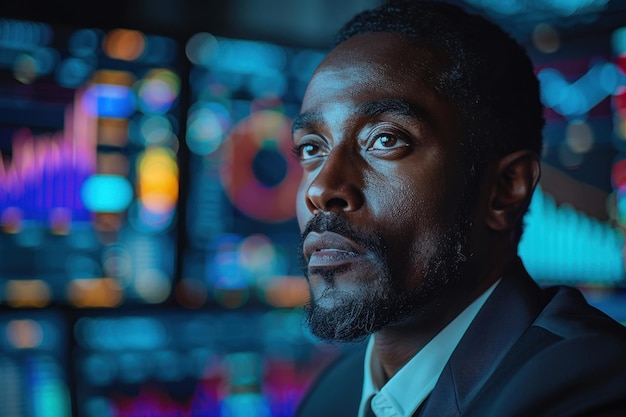 Hombre africano comerciante en traje en el fondo de enormes monitores con gráficos