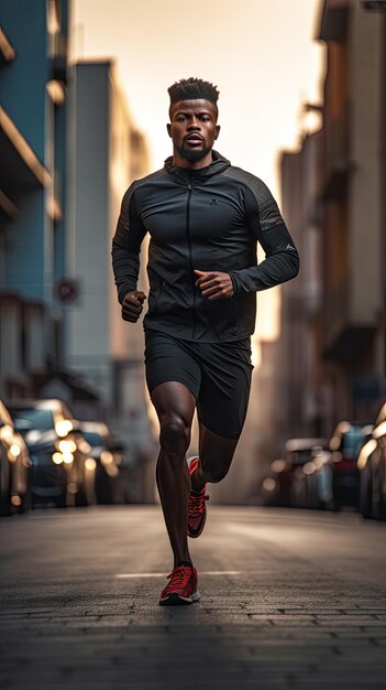 Hombre africano corriendo en la ciudad corredor masculino