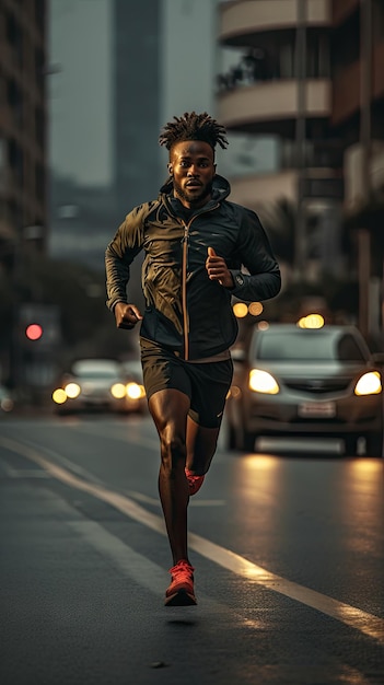 Hombre africano corriendo en la ciudad corredor masculino