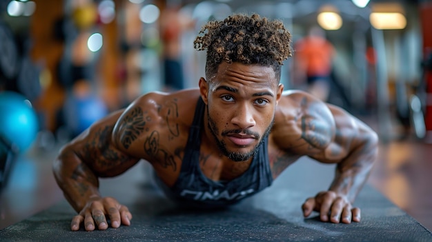 Este hombre africano de destreza física muestra confianza durante intensas sesiones de gimnasia.