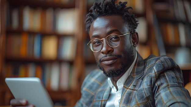 Un hombre africano estudiando en una tableta en una biblioteca moderna