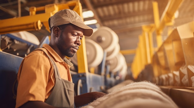 Un hombre africano fabricante trabajando en una línea de producción en una máquina de bolsas de plástico en una planta industrial