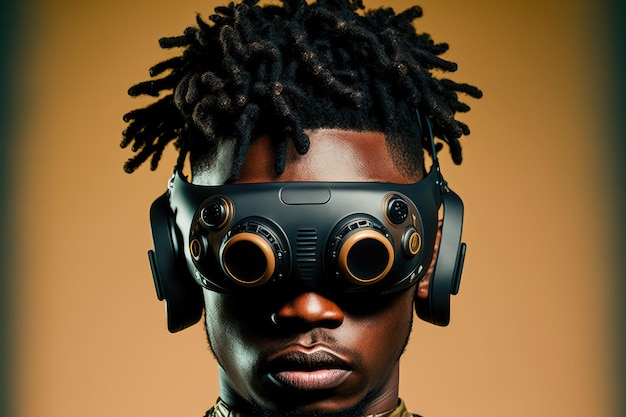 Hombre africano con gafas de realidad virtual de pie estudio fondo limpio