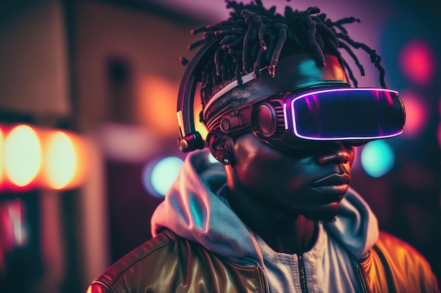 Hombre africano con gafas de realidad virtual de pie en el fondo del mundo virtual