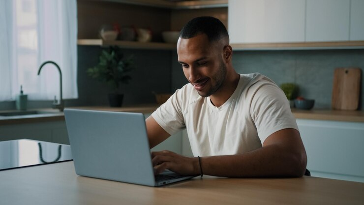 Foto hombre africano del milenio, hombre multirracial, hombre estadounidense, usuario masculino, independiente, sentado en el escritorio de la cocina de casa.