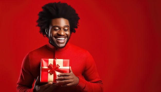 Hombre africano negro con regalo rojo en las manos concepto del día de San Valentín